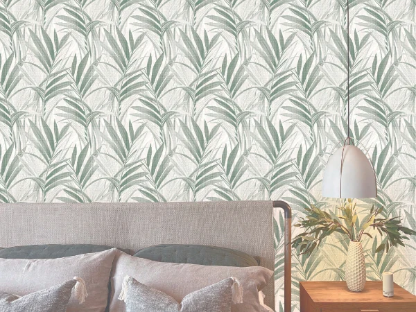 Bedroom with sage green palm leaf wallpaper