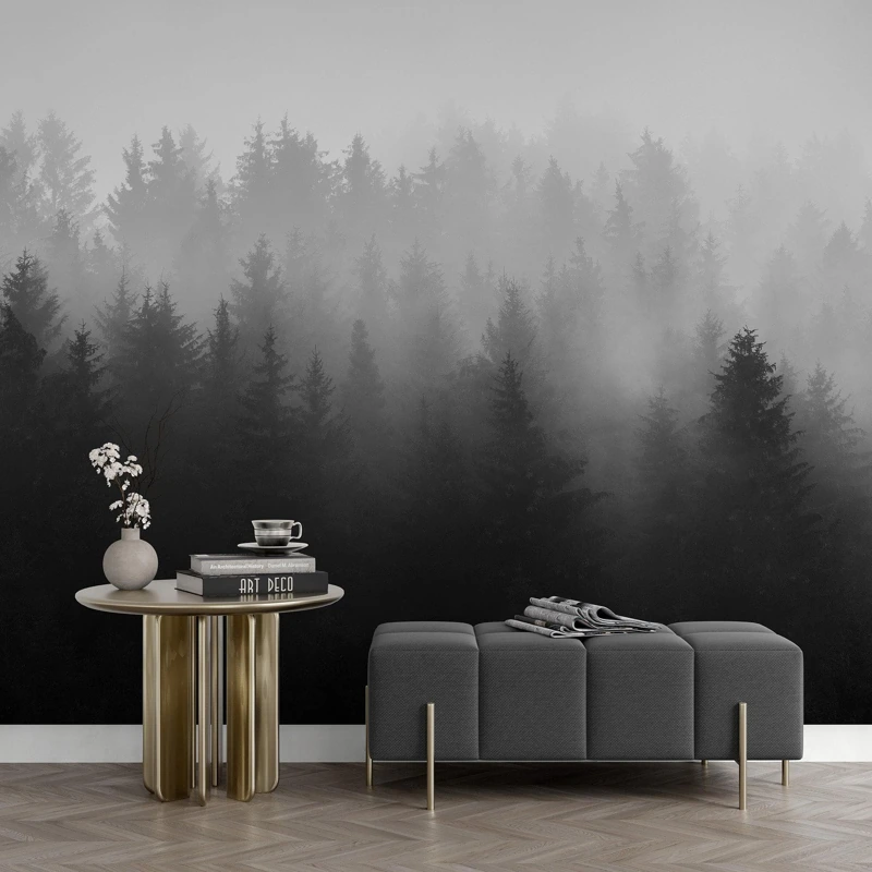 Black and white misty forest wallpaper mural