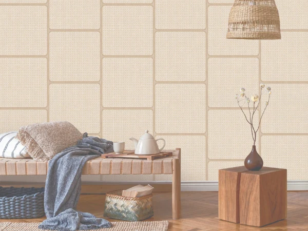 Boho room with large beige tile-patterned customized wallpaper
