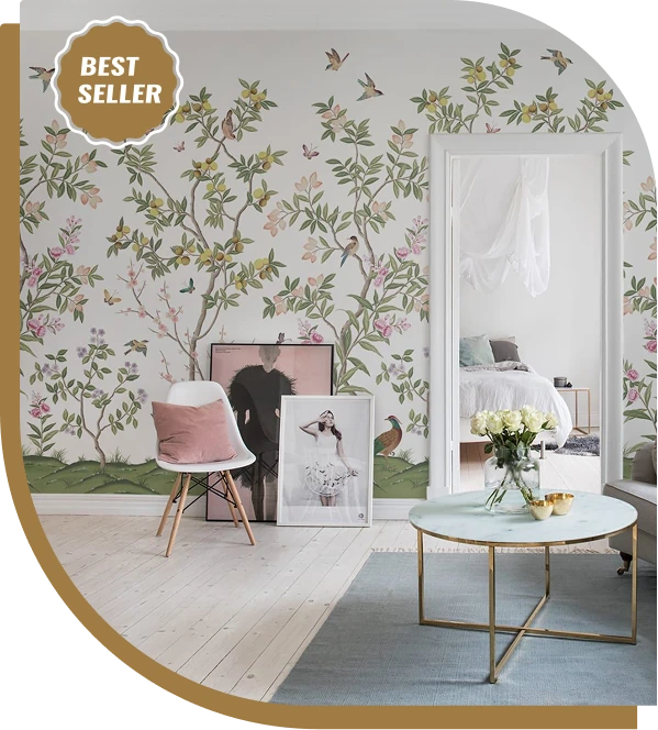 Chinoiserie floral wallpaper in a bright, modern room