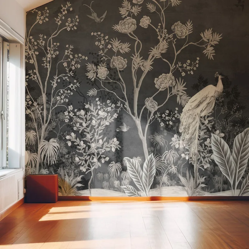 Dark chinoiserie mural with trees and a white peacock