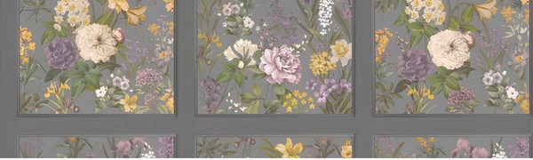 Dark gray wallpaper with vintage floral oil painting