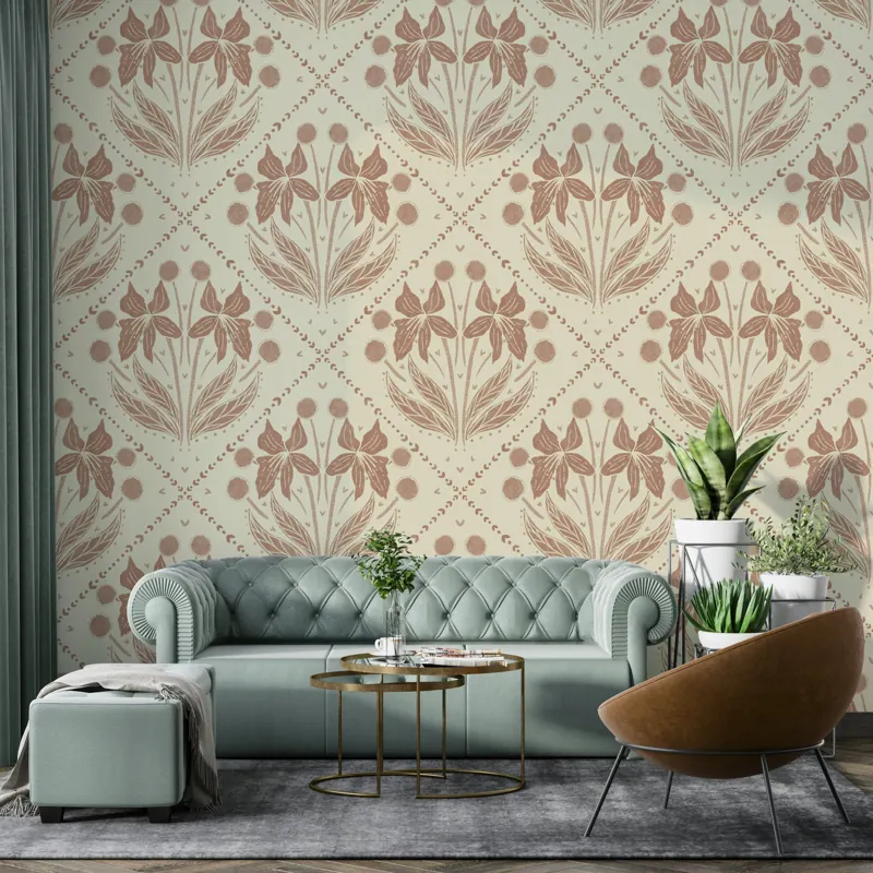 Floral diamond pattern wallpaper behind a mint sofa
