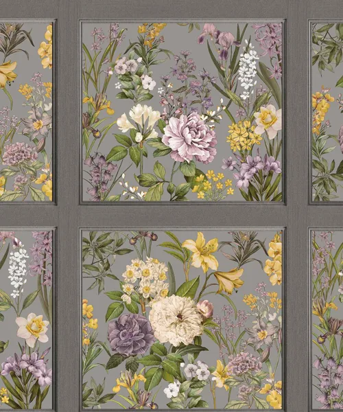 Floral wallpaper with wood panels on a grey background.