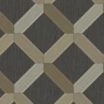 Geometric charcoal and gold interlocking diamond trellis wallpaper.