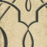 Gold textured wallpaper with a dark grey or black geometric trellis pattern.