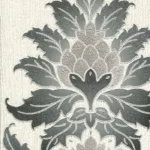 Grey damask floral wallpaper with textured leaf patterns