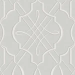 Grey geometric trellis wallpaper with a large-scale interlaced scroll pattern.