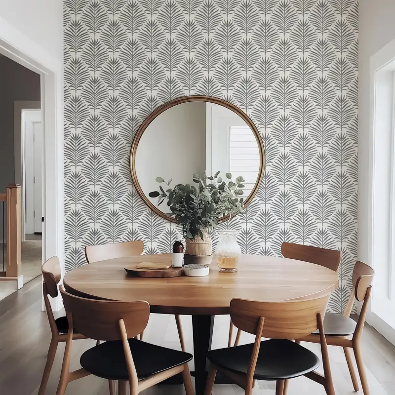 Grey palm leaf wallpaper in a modern dining room