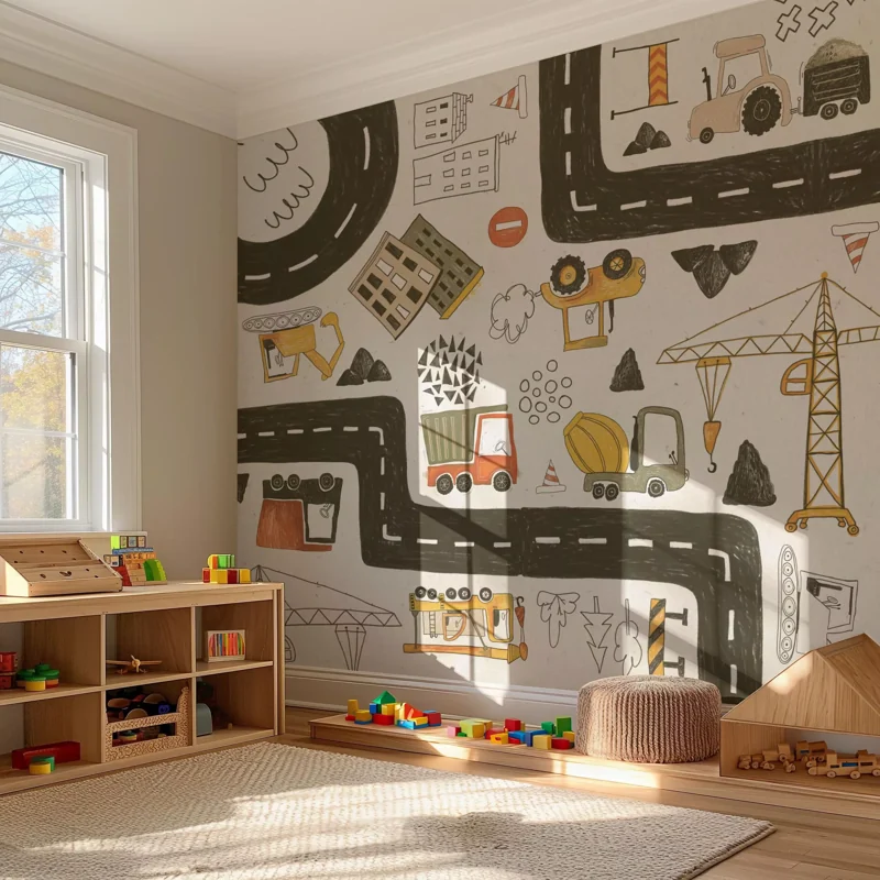 Hand-drawn construction road mural in a playroom