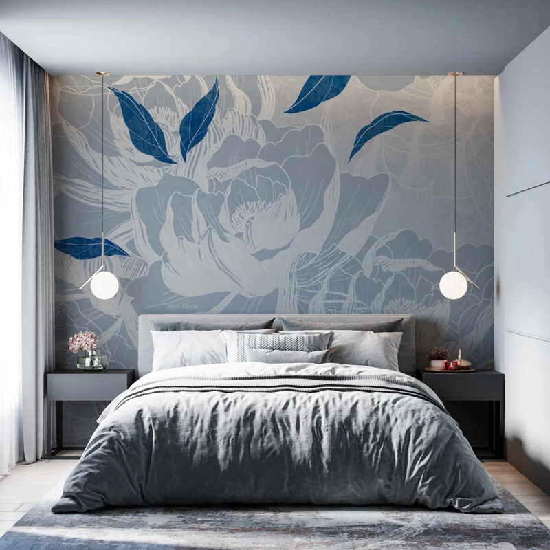 Large blue and grey floral mural in a bedroom