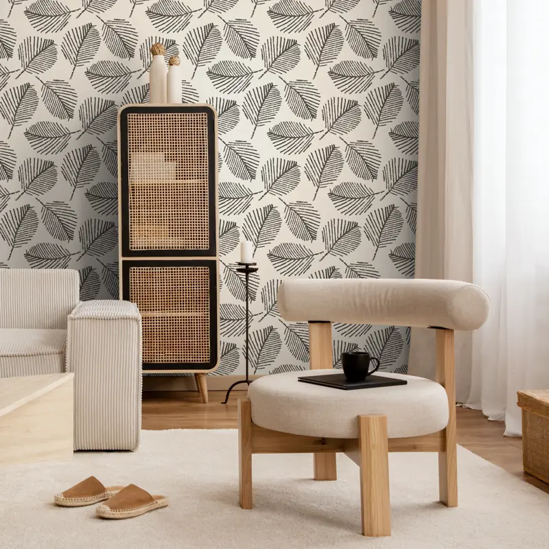 Minimalist black leaf sketch wallpaper in a lounge