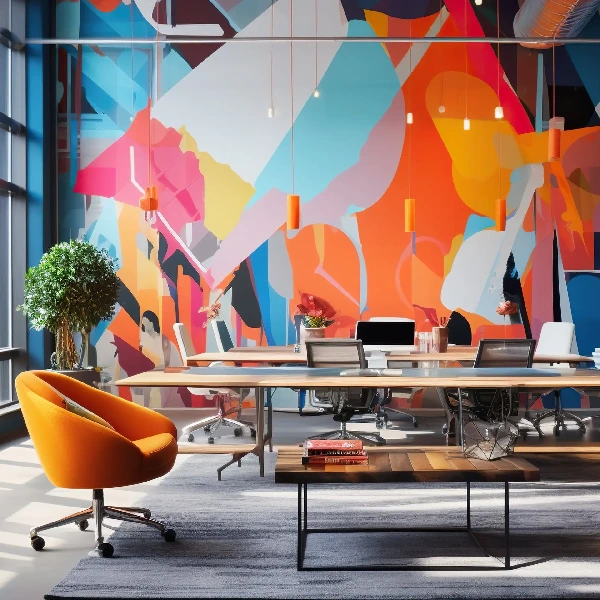 Minimalist gray office carpet with linear texture under modern desks.