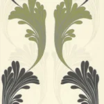 Modern floral wallpaper with green and grey leaf motifs on a cream background.