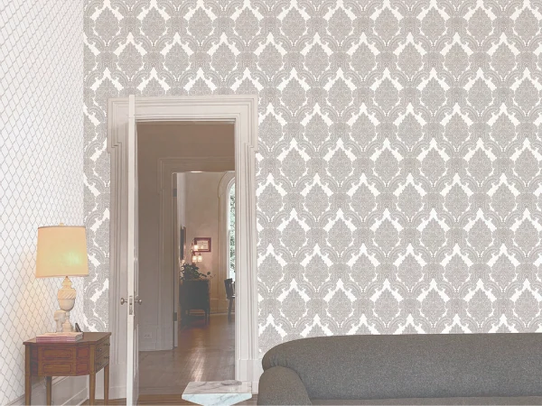 Modern room with grey wave-patterned wallpaper