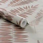 Modern wallpaper with copper metallic leaf patterns