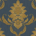 Navy blue damask wallpaper with large gold ornate floral patterns.