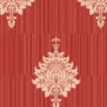 Red damask wallpaper with cream floral motifs on a vertical striped background.