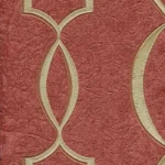 Red textured trellis wallpaper with gold embroidered geometric patterns.