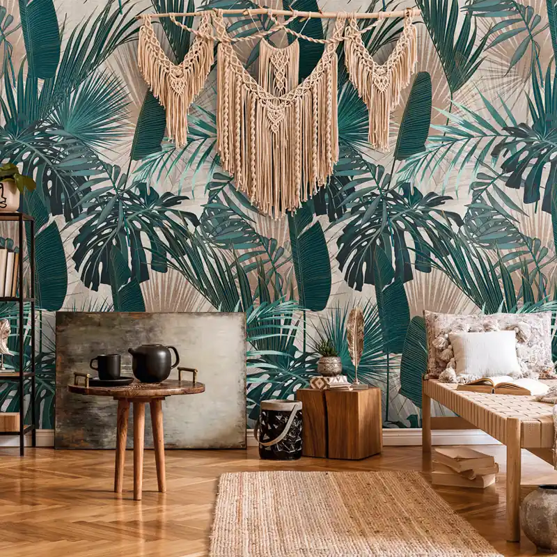 Tropical green palm leaf mural with macramé decor