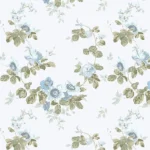 Vintage floral wallpaper with blue roses and green leaves on a white background.