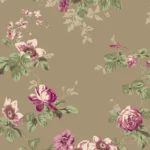 Vintage floral wallpaper with pink and purple roses on a tan background.