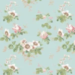 Vintage floral wallpaper with soft pink roses on a light blue background.