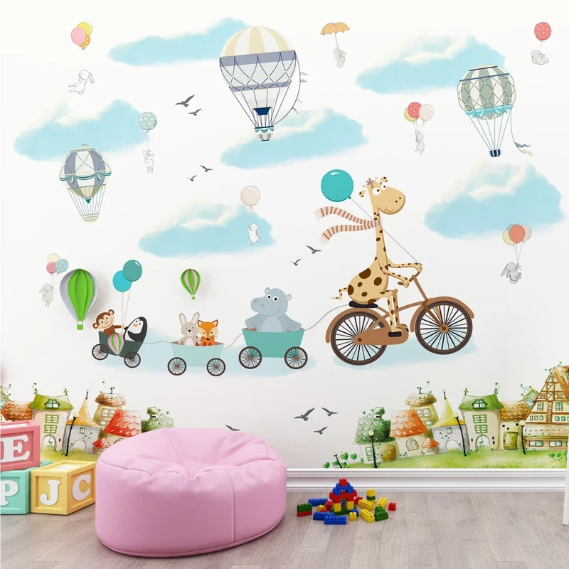 Whimsical animal and hot air balloon mural for kids