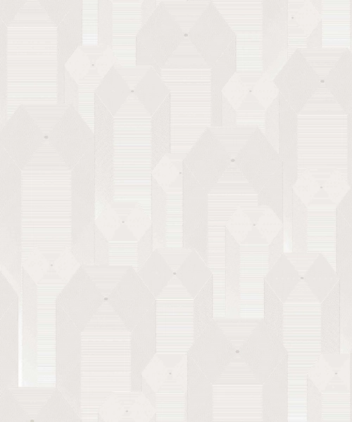 White geometric wallpaper with a linear Art Deco pattern.