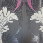 floral wallpaper with grey, white, and pink patterns on a textured background.