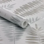 wallpaper with silver metallic leaf patterns on a white background.